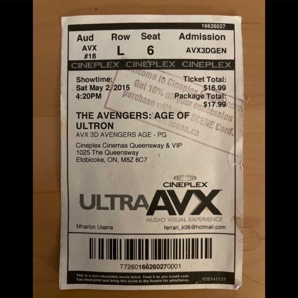 Vintage movie ticket "Avengers Age Of Ultron